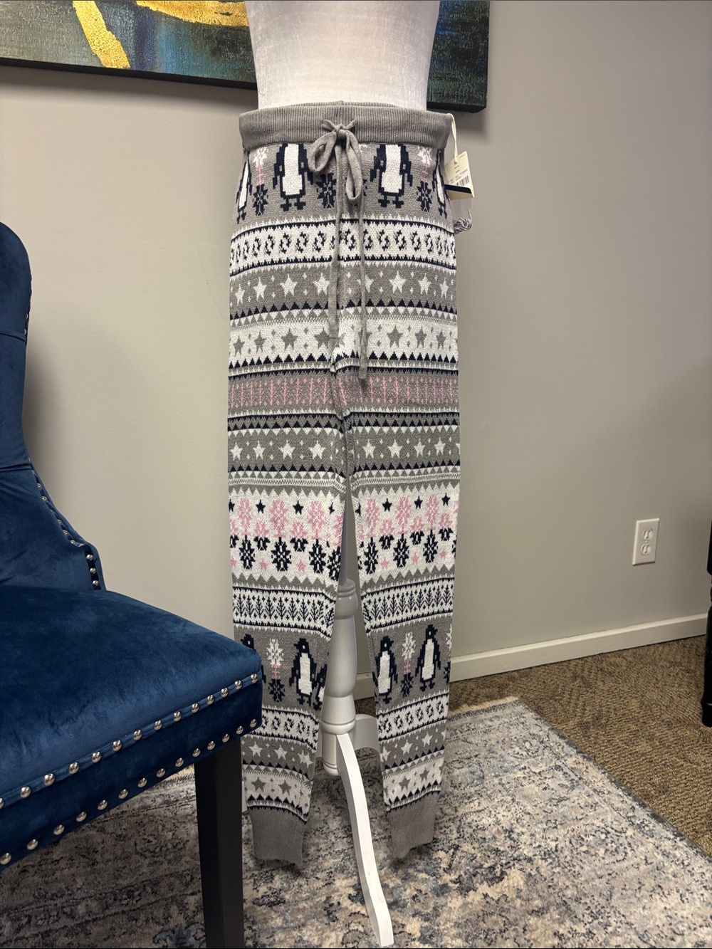 Jasmine & Ginger Gray Fair Isle Penguin Knit Lounge Pants with Pink Details